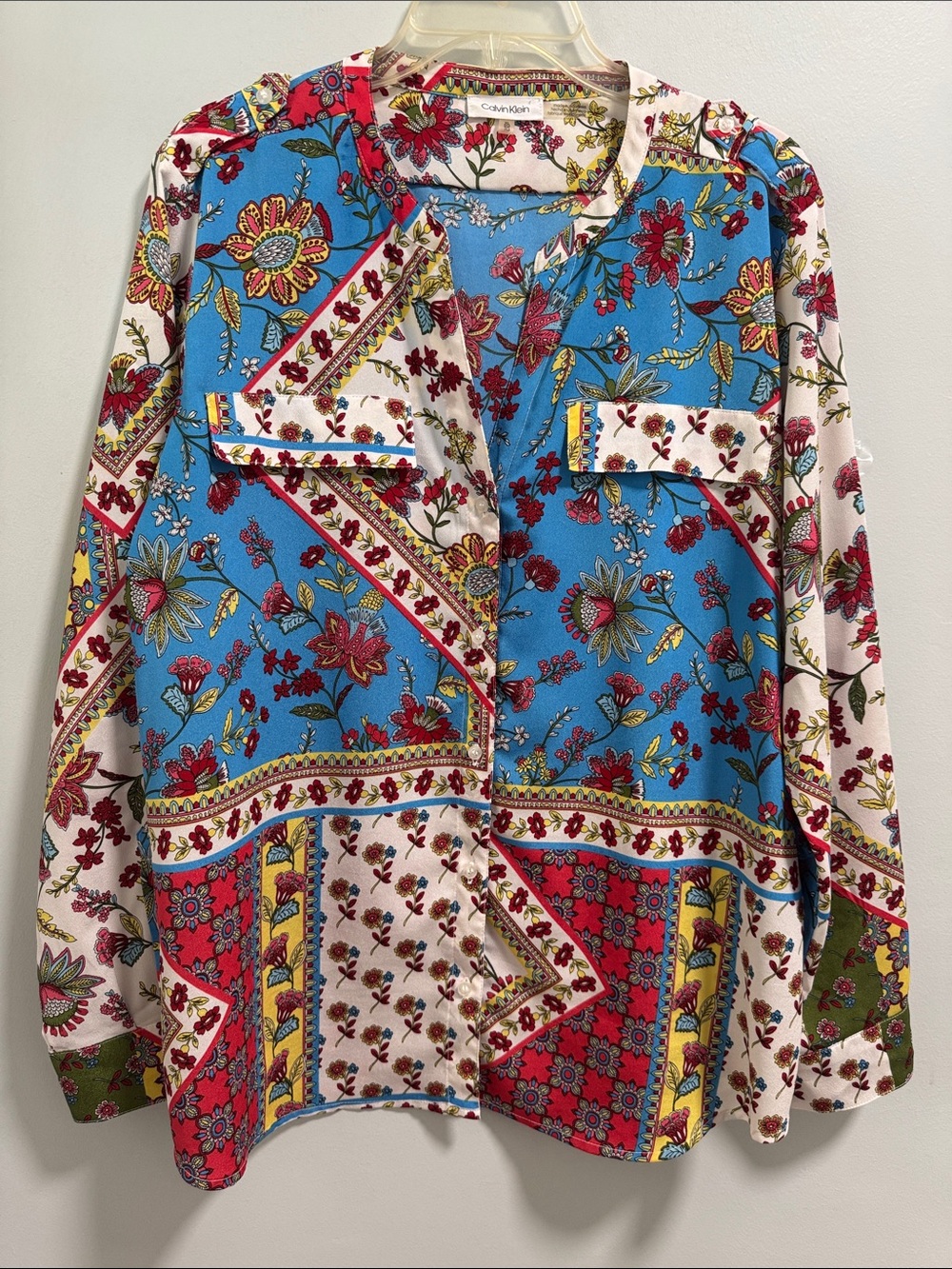 Calvin Klein Bright Floral Patchwork Blouse in Turquoise + Red XL